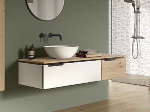 Badezimmermöbel TOUCH 140 cm 1 Schublade rechts und Oberschrank Eiche mit Astlöchern und 1 Schublade mattweiß