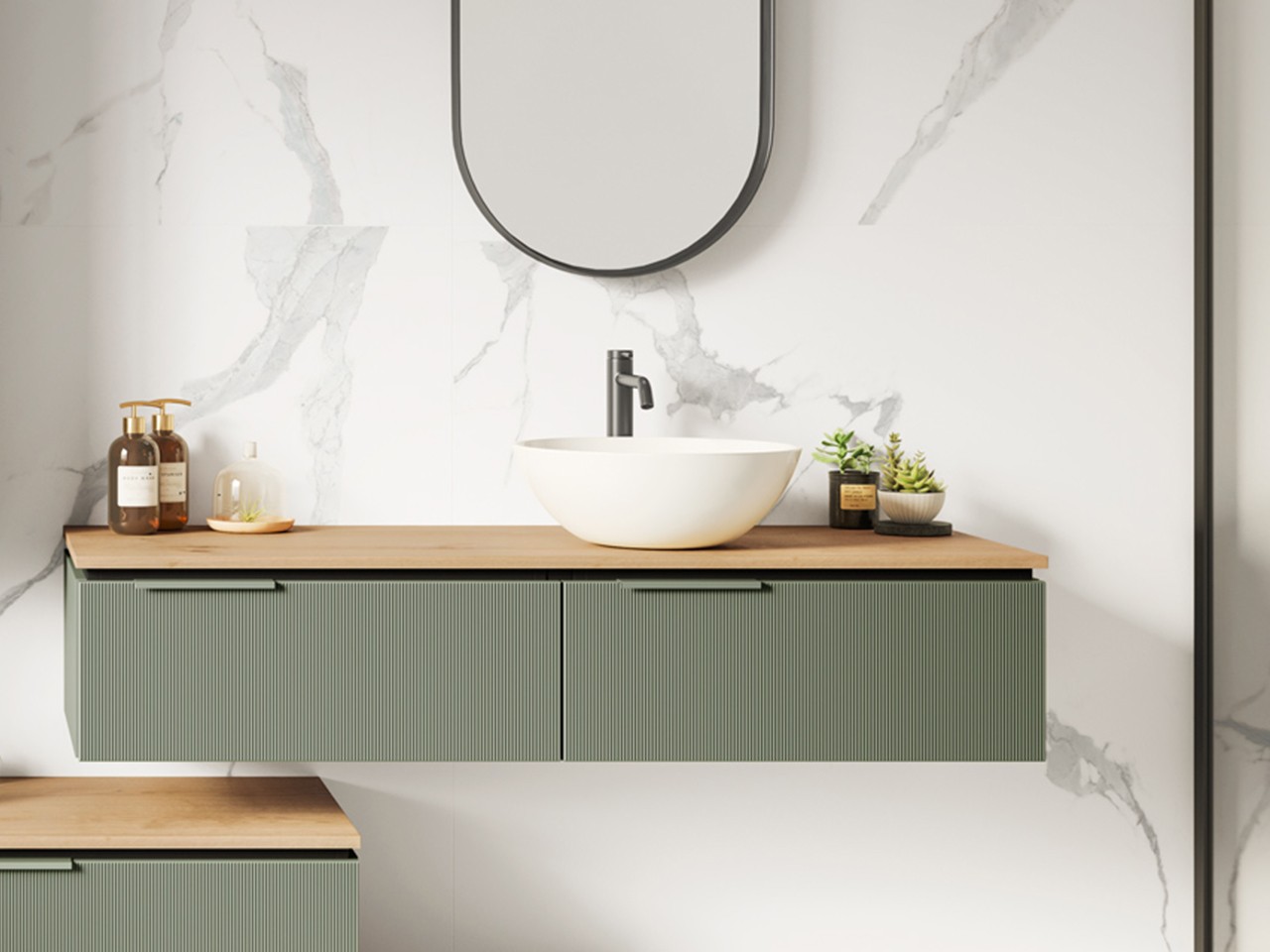 Meuble salle de bains BLUES 140 cm 2 tiroirs cannelés vert sauge mat