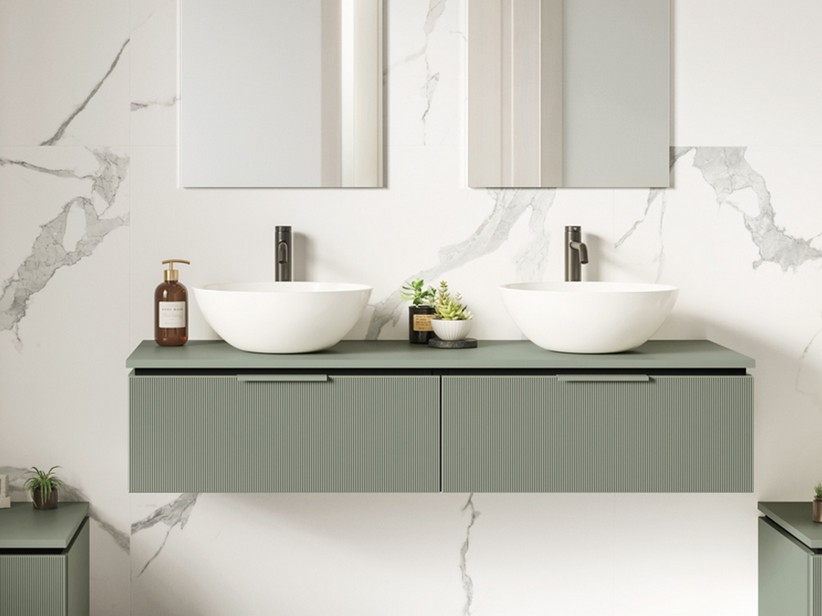 Meuble salle de bains BLUES 140 cm 2 tiroirs cannelés vert sauge mat