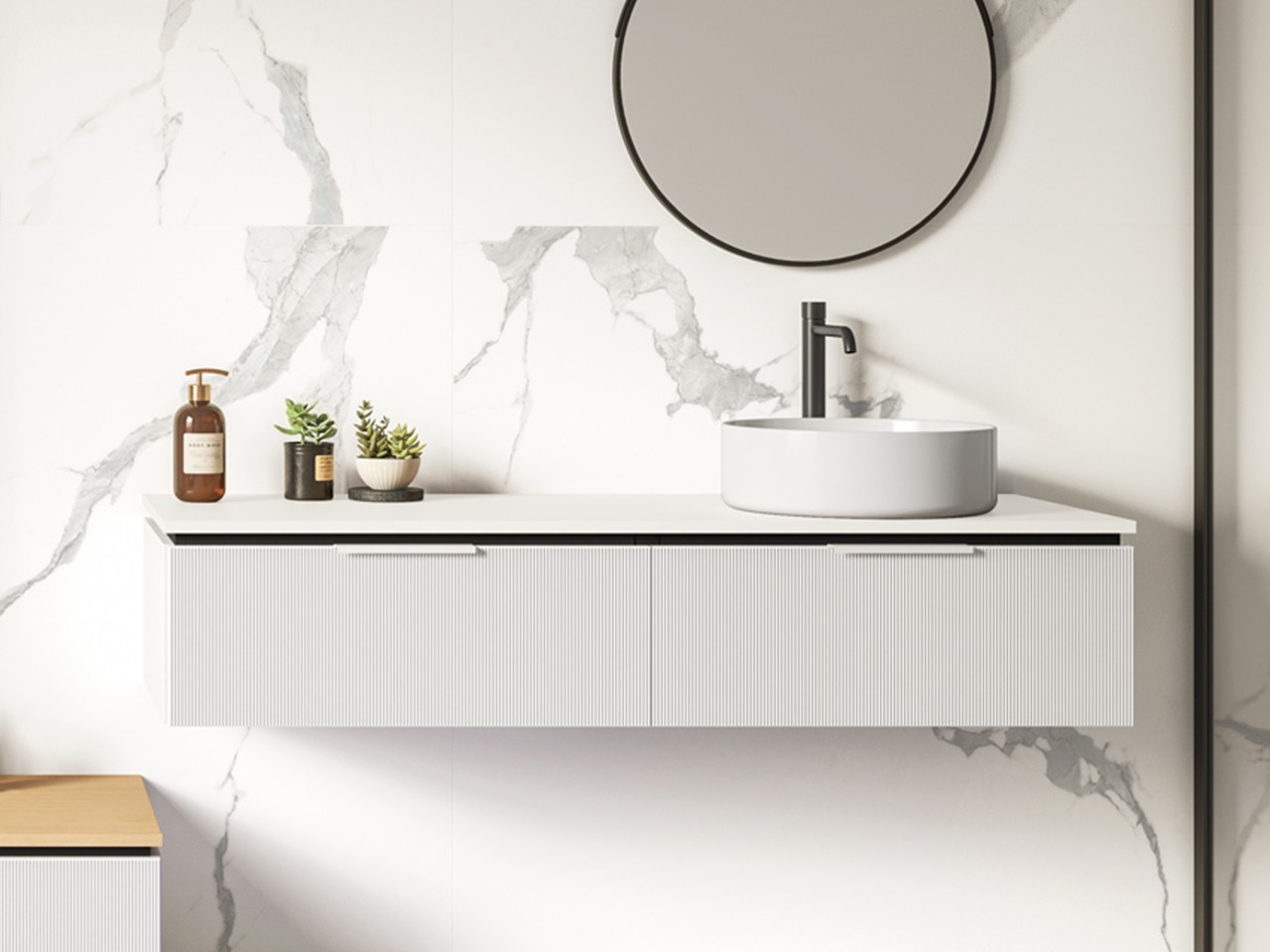 Meuble salle de bains BLUES 140 cm 2 tiroirs cannelés top 1,2 cm blanc