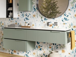 Meuble sous-vasque BLUES 160 cm 3 tiroirs cannelés vert sauge mat plan vasque à droite Unitop HIDE effet pierre blanc