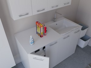 Meuble buanderie BONK 140 cm 4 portes avec lavabo en solid surface droite - Blanc brillant