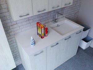 Meuble buanderie BONK 140 cm 4 portes avec lavabo en solid surface droite - Blanc Matrix