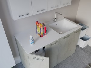 Meuble buanderie BONK 140 cm 4 portes avec lavabo en solid surface droite - Ciment