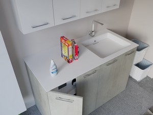 Meuble buanderie BONK 140 cm 4 portes avec lavabo en solid surface droite - Ciment