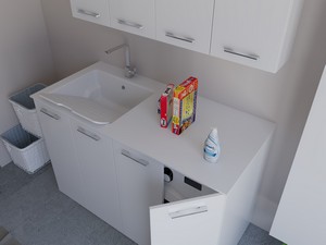 Meuble buanderie BONK 140 cm 4 portes avec lavabo en solid surface gauche - Blanc brillant