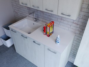 Meuble buanderie BONK 140 cm 4 portes avec lavabo en solid surface gauche - Blanc Matrix