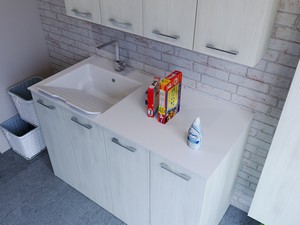 Meuble buanderie BONK 140 cm 4 portes avec lavabo en solid surface gauche - Blanc Matrix
