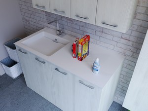 Meuble buanderie BONK 140 cm 4 portes avec lavabo en solid surface gauche - Blanc Matrix