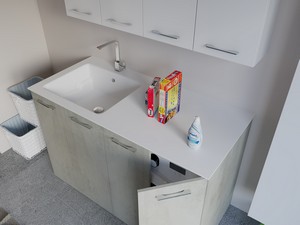 Meuble buanderie BONK 140 cm 4 portes avec lavabo en solid surface gauche - Ciment