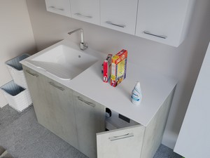 Meuble buanderie BONK 140 cm 4 portes avec lavabo en solid surface gauche - Ciment
