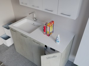 Meuble buanderie BONK 140 cm 4 portes avec lavabo en solid surface gauche - Ciment