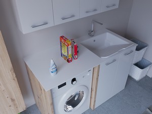 Meuble buanderie BONK 140 cm 2 portes avec lavabo en solid surface droite - Blanc brillant/Chêne à nœuds
