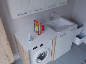 Meuble buanderie BONK 140 cm 2 portes avec lavabo en solid surface droite - Blanc matrix/Chêne à nœuds