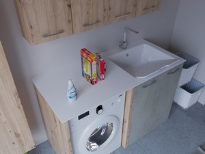 Meuble buanderie BONK 140 cm 2 portes avec lavabo en solid surface droite - Ciment/Chêne à nœuds