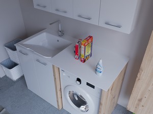 Meuble buanderie BONK 140 cm 2 portes avec lavabo en solid surface gauche - Blanc brillant/Chêne à nœuds