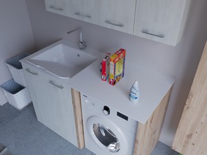Meuble buanderie BONK 140 cm 2 portes avec lavabo en solid surface gauche - Blanc matrix/Chêne à nœuds