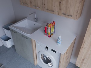 Meuble buanderie BONK 140 cm 2 portes avec lavabo en solid surface gauche - Ciment/Chêne à nœuds