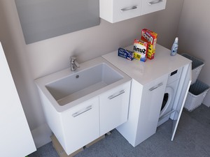Meuble buanderie BONK 73 cm 2 portes avec lavabo en céramique - Blanc brillant