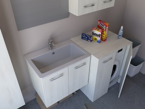 Meuble buanderie BONK 73 cm 2 portes avec lavabo en céramique - Blanc Matrix
