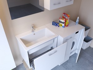 Meuble buanderie BONK 73 cm 1 tiroir avec lavabo en céramique - Blanc brillant