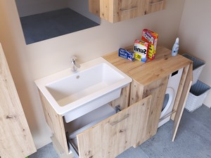 Meuble buanderie BONK 73 cm 1 tiroir avec lavabo en céramique - Chêne à nœuds