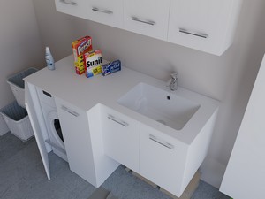 Meuble buanderie BONK 140x51/63 cm 4 portes avec lavabo en solid surface droite - Blanc brillant