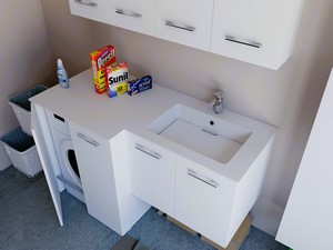 Meuble buanderie BONK 140x51/63 cm 4 portes avec lavabo en solid surface droite - Blanc brillant