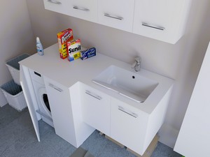 Meuble buanderie BONK 140x51/63 cm 4 portes avec lavabo en solid surface droite - Blanc brillant