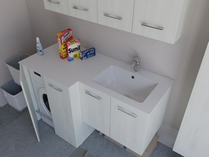 Meuble buanderie BONK 140x51/63 cm 4 portes avec lavabo en solid surface droite - Blanc Matrix