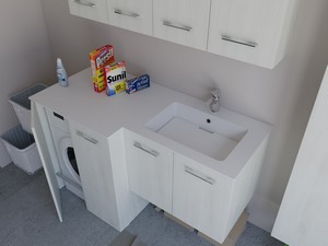 Meuble buanderie BONK 140x51/63 cm 4 portes avec lavabo en solid surface droite - Blanc Matrix
