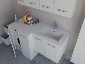 Meuble buanderie BONK 140x51/63 cm 4 portes avec lavabo en solid surface droite - Blanc Matrix