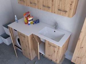 Meuble buanderie BONK 140x51/63 cm 4 portes avec lavabo en solid surface droite - Chêne à nœuds