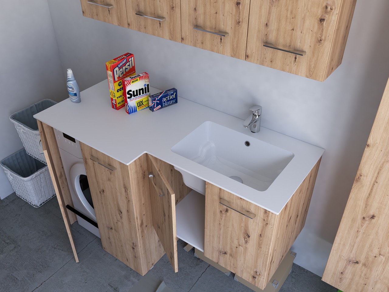 Mobile Lavanderia BONK 140x51/63 cm 4 Ante con Lavabo in Solid Surface ...