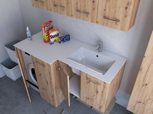Meuble buanderie BONK 140x51/63 cm 4 portes avec lavabo en solid surface droite - Chêne à nœuds