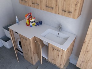 Meuble buanderie BONK 140x51/63 cm 4 portes avec lavabo en solid surface droite - Chêne à nœuds