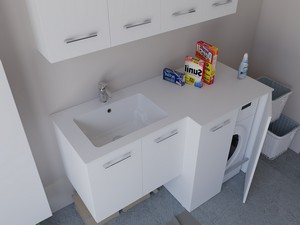 Meuble buanderie BONK 140x51/63 cm 4 portes avec lavabo en solid surface gauche - Blanc brillant