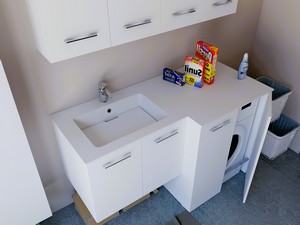 Meuble buanderie BONK 140x51/63 cm 4 portes avec lavabo en solid surface gauche - Blanc brillant