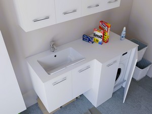 Meuble buanderie BONK 140x51/63 cm 4 portes avec lavabo en solid surface gauche - Blanc brillant
