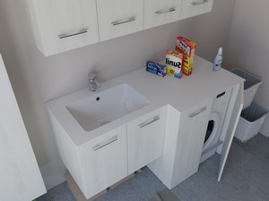 Meuble buanderie BONK 140x51/63 cm 4 portes avec lavabo en solid surface gauche - Blanc Matrix