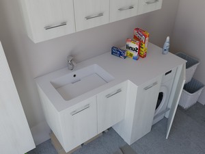 Meuble buanderie BONK 140x51/63 cm 4 portes avec lavabo en solid surface gauche - Blanc Matrix