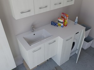 Meuble buanderie BONK 140x51/63 cm 4 portes avec lavabo en solid surface gauche - Blanc Matrix
