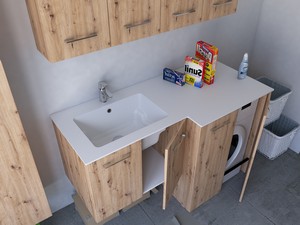 Meuble buanderie BONK 140x51/63 cm 4 portes avec lavabo en solid surface gauche - Chêne à nœuds