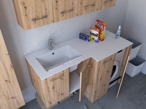 Meuble buanderie BONK 140x51/63 cm 4 portes avec lavabo en solid surface gauche - Chêne à nœuds