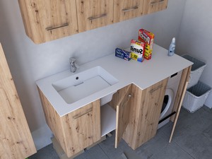 Meuble buanderie BONK 140x51/63 cm 4 portes avec lavabo en solid surface gauche - Chêne à nœuds