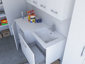 Meuble buanderie BONK 140x51/63 cm 2 portes et tiroir avec lavabo en solid surface droite - Blanc brillant