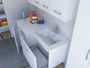 Meuble buanderie BONK 140x51/63 cm 2 portes et tiroir avec lavabo en solid surface droite - Blanc brillant