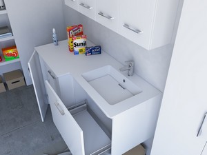 Meuble buanderie BONK 140x51/63 cm 2 portes et tiroir avec lavabo en solid surface droite - Blanc brillant
