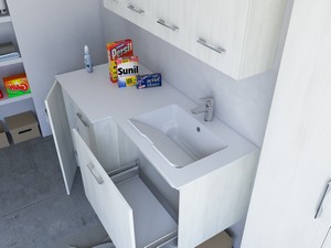 Meuble buanderie BONK 140x51/63 cm 2 portes et tiroir avec lavabo en solid surface droite - Blanc Matrix