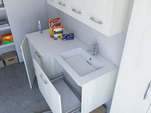 Meuble buanderie BONK 140x51/63 cm 2 portes et tiroir avec lavabo en solid surface droite - Blanc Matrix